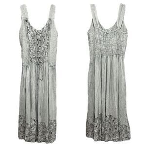 Coline Boho Cottagecore Maxi Dress Size Medium Gray Embroidered Lace Up Floral